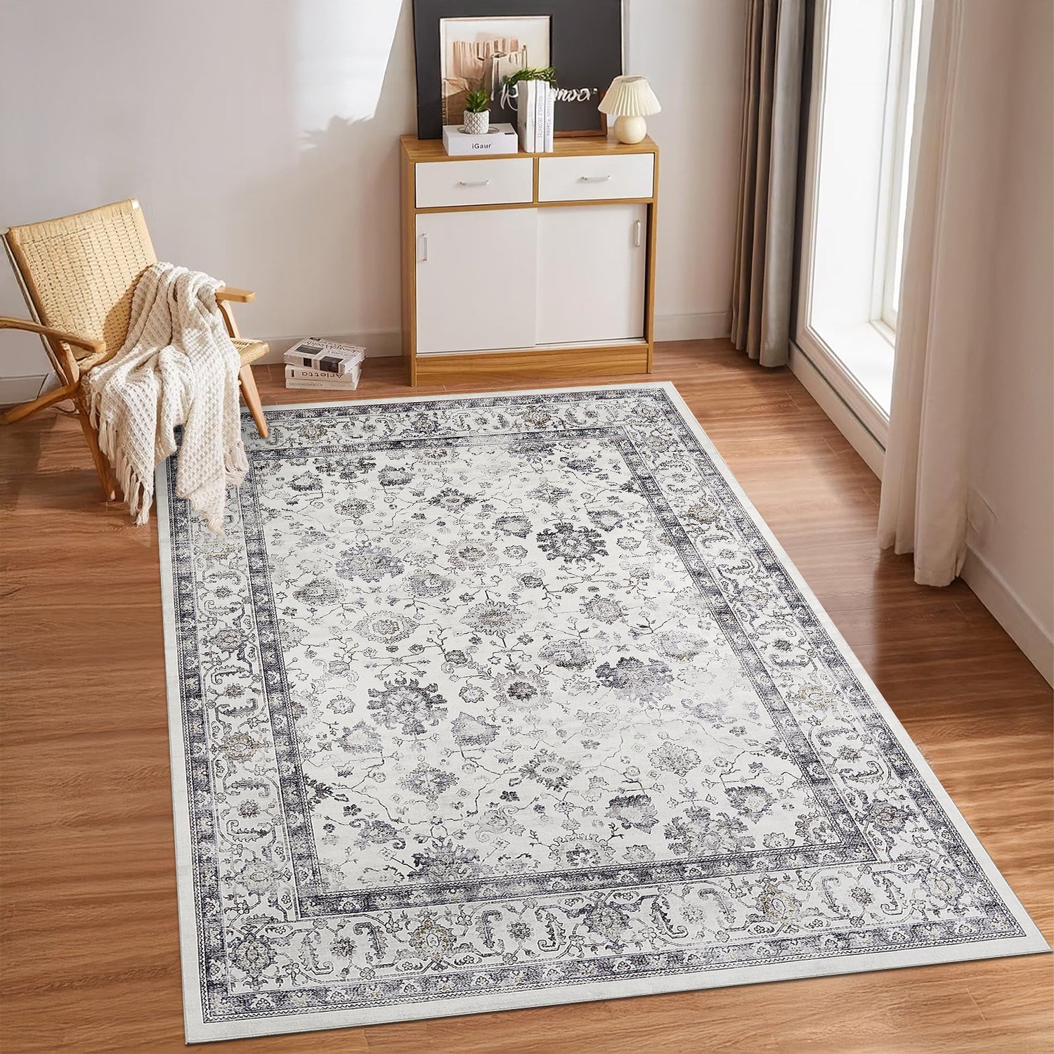 Grey & Ivory Distressed Persian Floral Washable Rug - Traditional All-Over Border Carpet