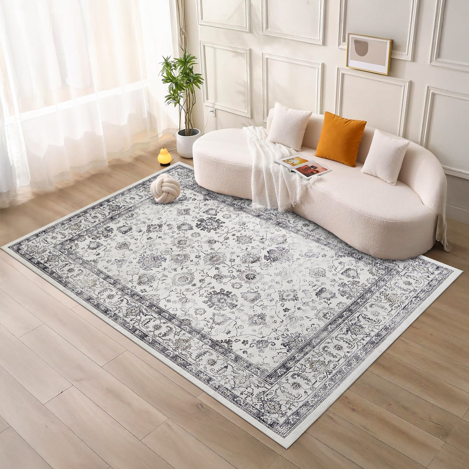 Grey & Ivory Distressed Persian Floral Washable Rug - Traditional All-Over Border Carpet