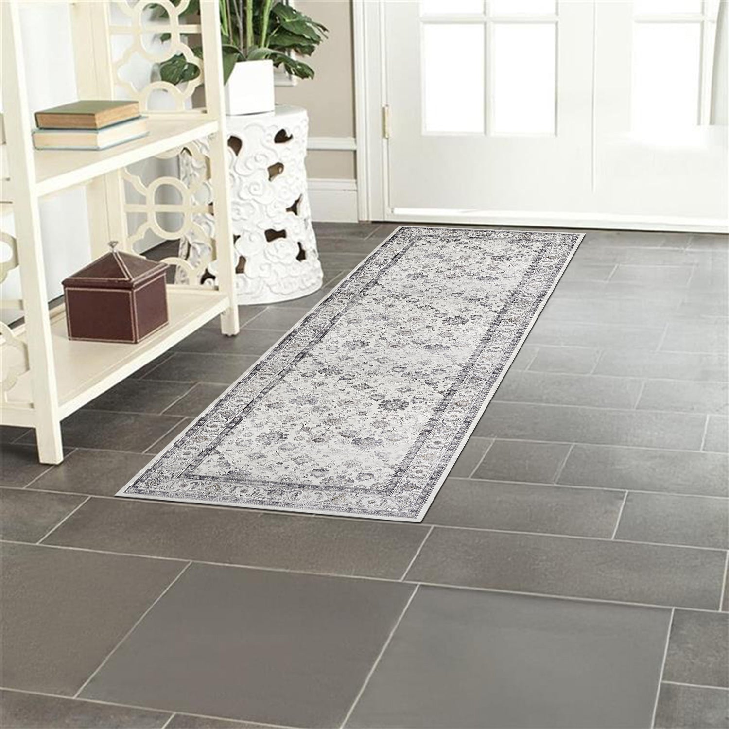 Grey & Ivory Distressed Persian Floral Washable Rug - Traditional All-Over Border Carpet