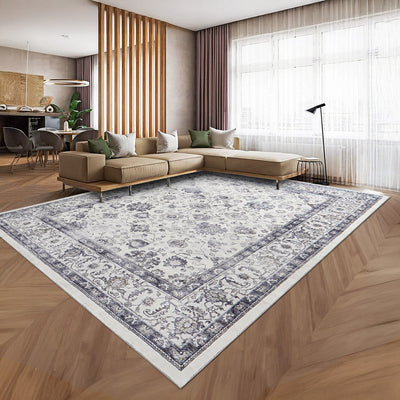 Grey & Ivory Distressed Persian Floral Washable Rug - Traditional All-Over Border Carpet