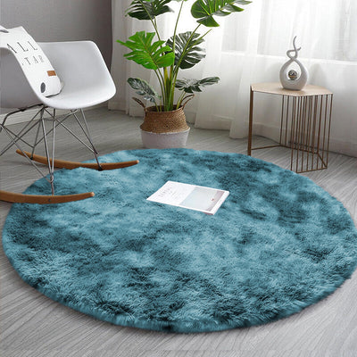 Blue Tie-Dye Round Fluffy Rug Carpet - Soft Shag Circle Rug