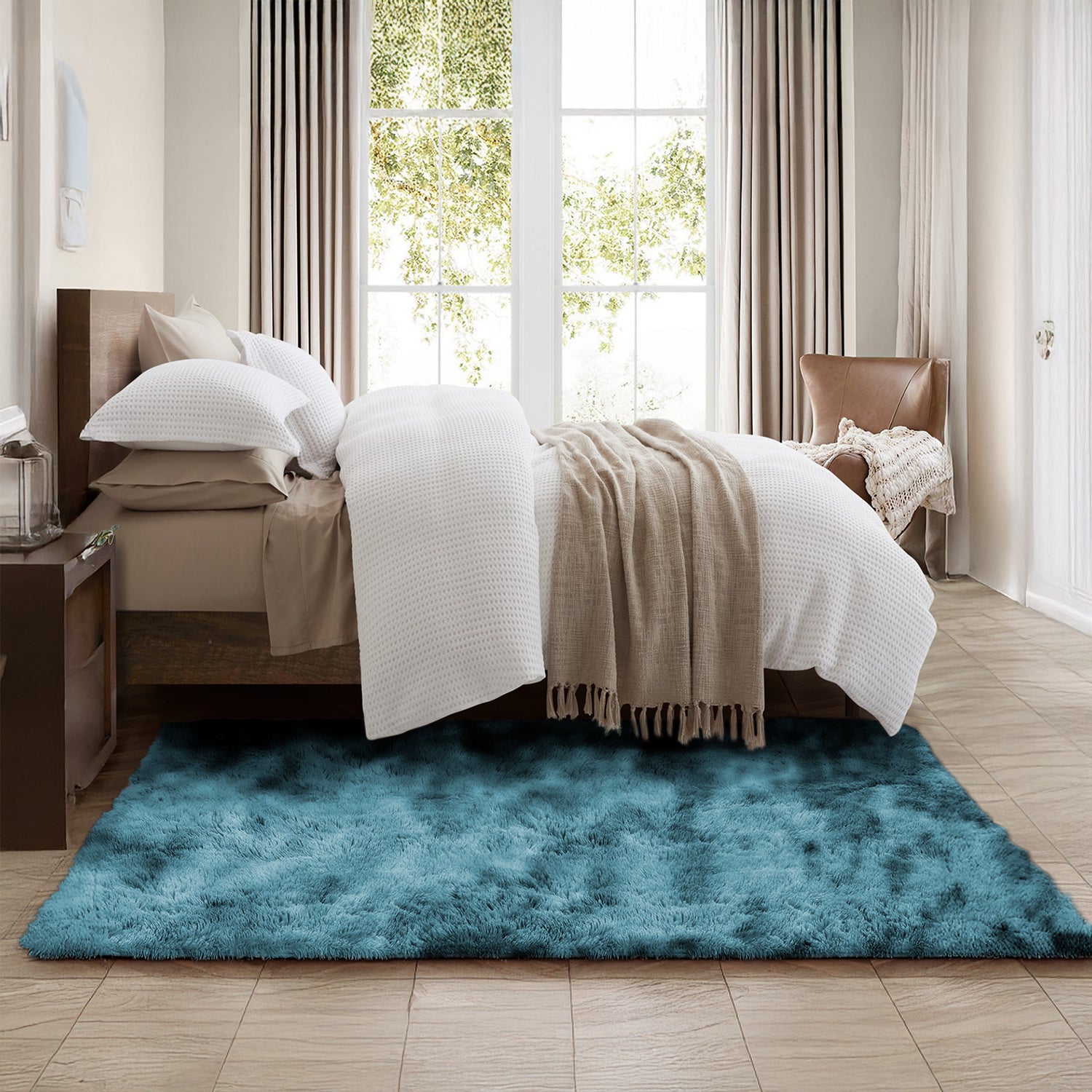 Large Bedroom Shaggy Rug Teal Tie Dye