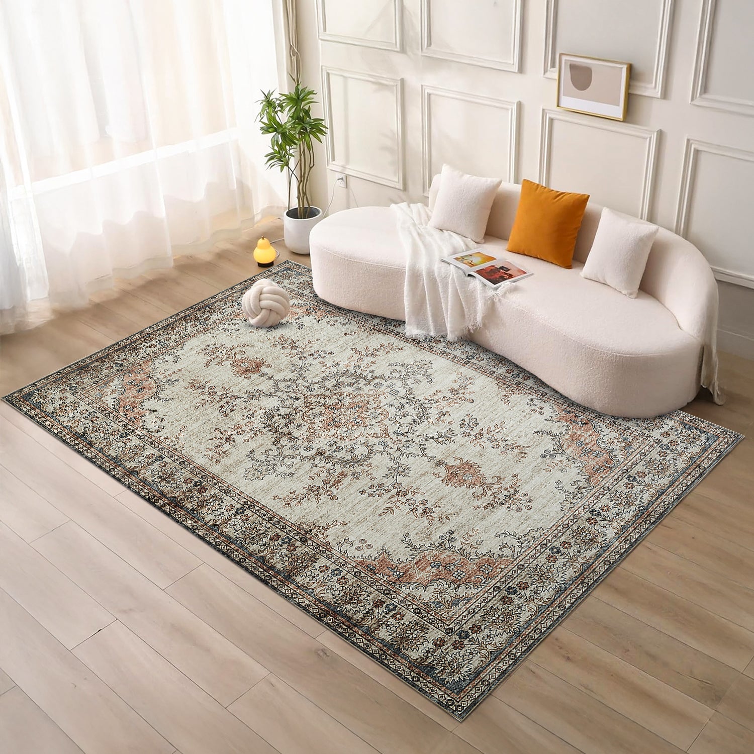 Beige & Terracotta Persian Floral Medallion Washable Rug - Vintage Distressed Carpet