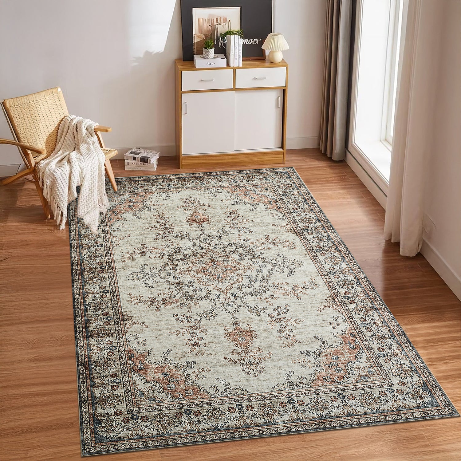 Beige & Terracotta Persian Floral Medallion Washable Rug - Vintage Distressed Carpet