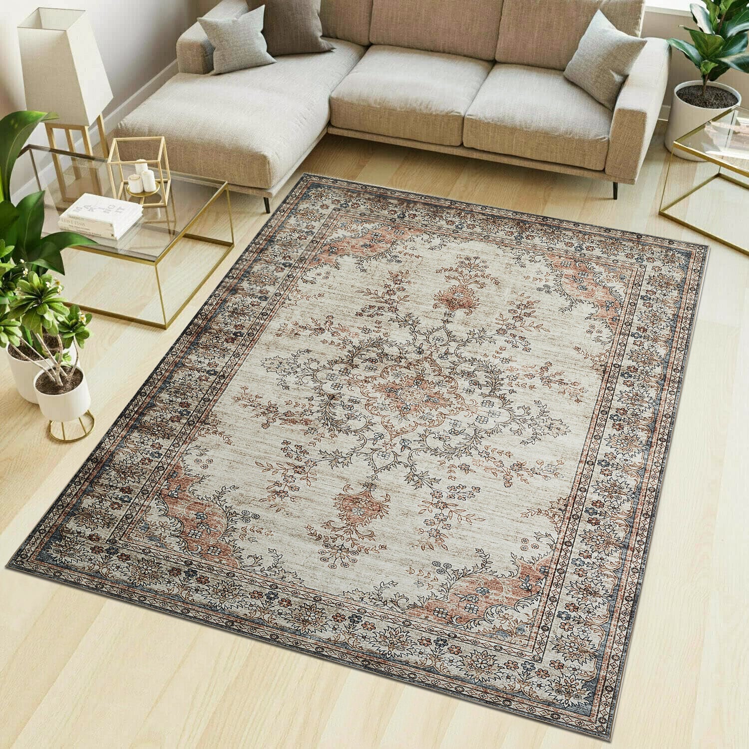 Beige & Terracotta Persian Floral Medallion Washable Rug - Vintage Distressed Carpet