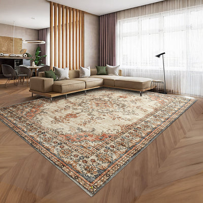 Beige & Terracotta Persian Floral Medallion Washable Rug - Vintage Distressed Carpet