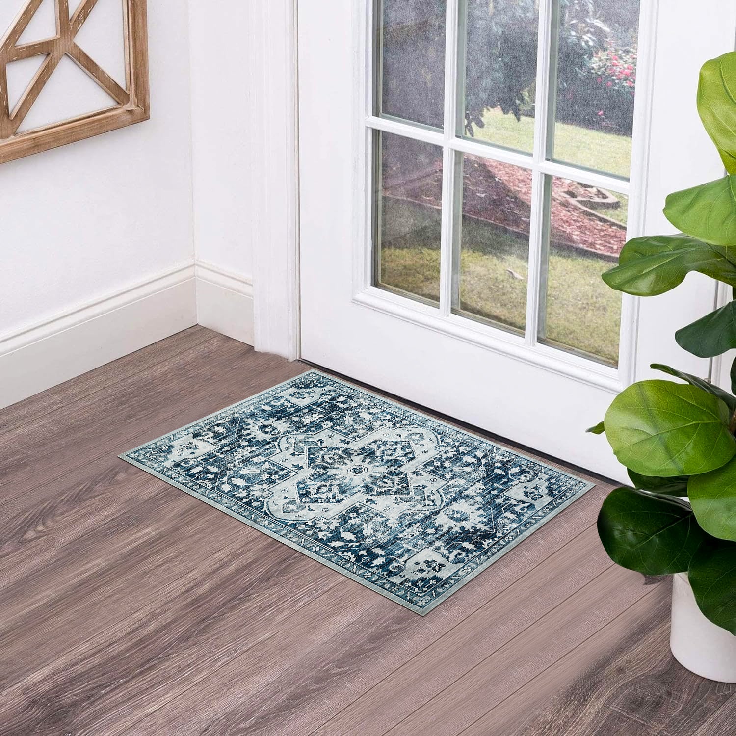 Blue Distressed Heriz Medallion Washable Rug - Persian Geometric Area Carpet