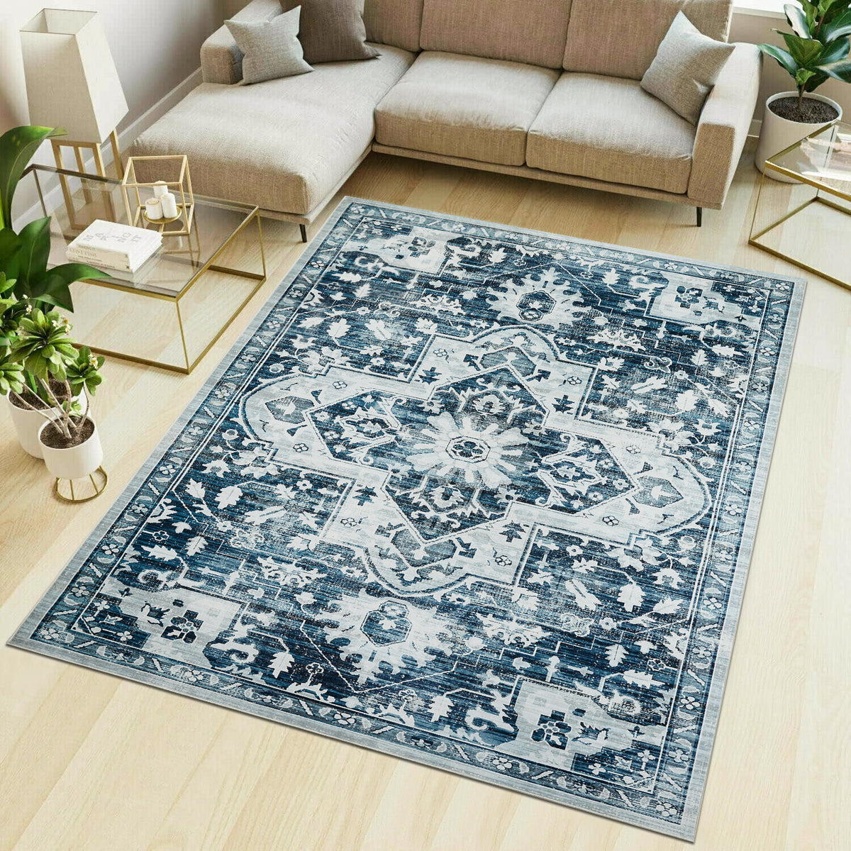Blue Distressed Heriz Medallion Washable Rug - Persian Geometric Area Carpet