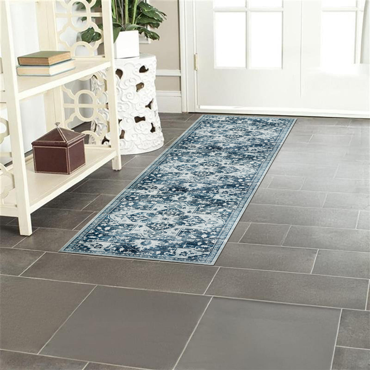 Blue Distressed Heriz Medallion Washable Rug - Persian Geometric Area Carpet
