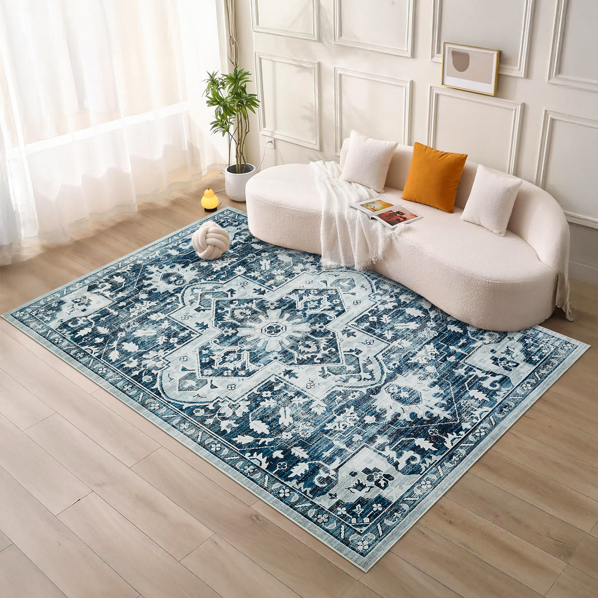 Blue Distressed Heriz Medallion Washable Rug - Persian Geometric Area Carpet