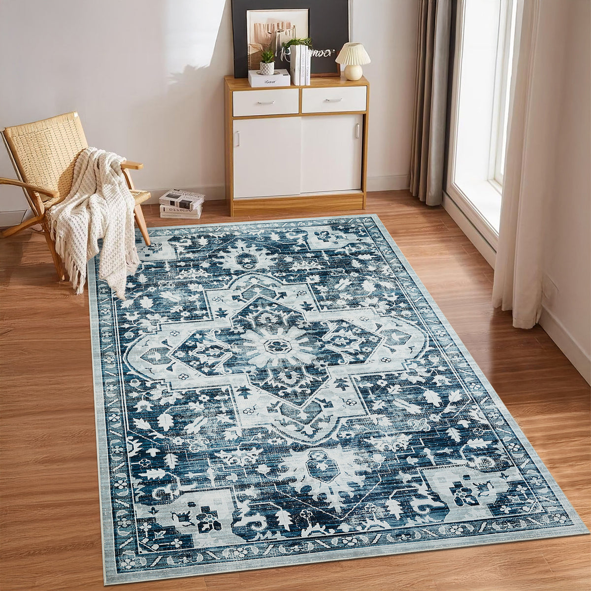 Blue Distressed Heriz Medallion Washable Rug - Persian Geometric Area Carpet
