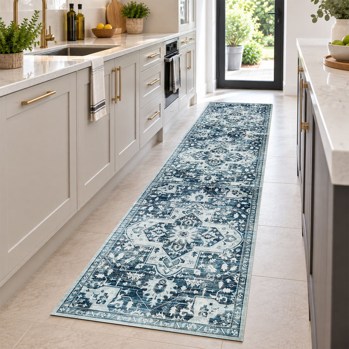 Blue Distressed Heriz Medallion Washable Rug - Persian Geometric Area Carpet