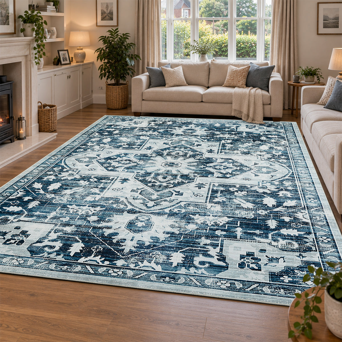 Blue Distressed Heriz Medallion Washable Rug - Persian Geometric Area Carpet