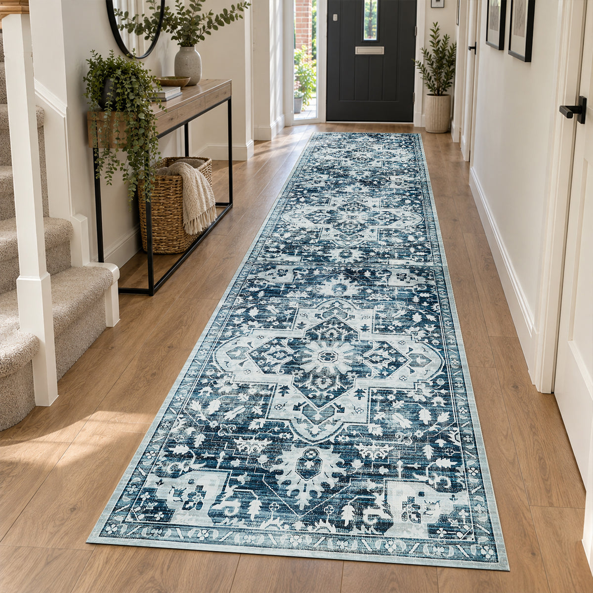 Blue Distressed Heriz Medallion Washable Rug - Persian Geometric Area Carpet