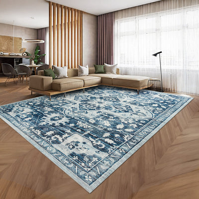 Blue Distressed Heriz Medallion Washable Rug - Persian Geometric Area Carpet