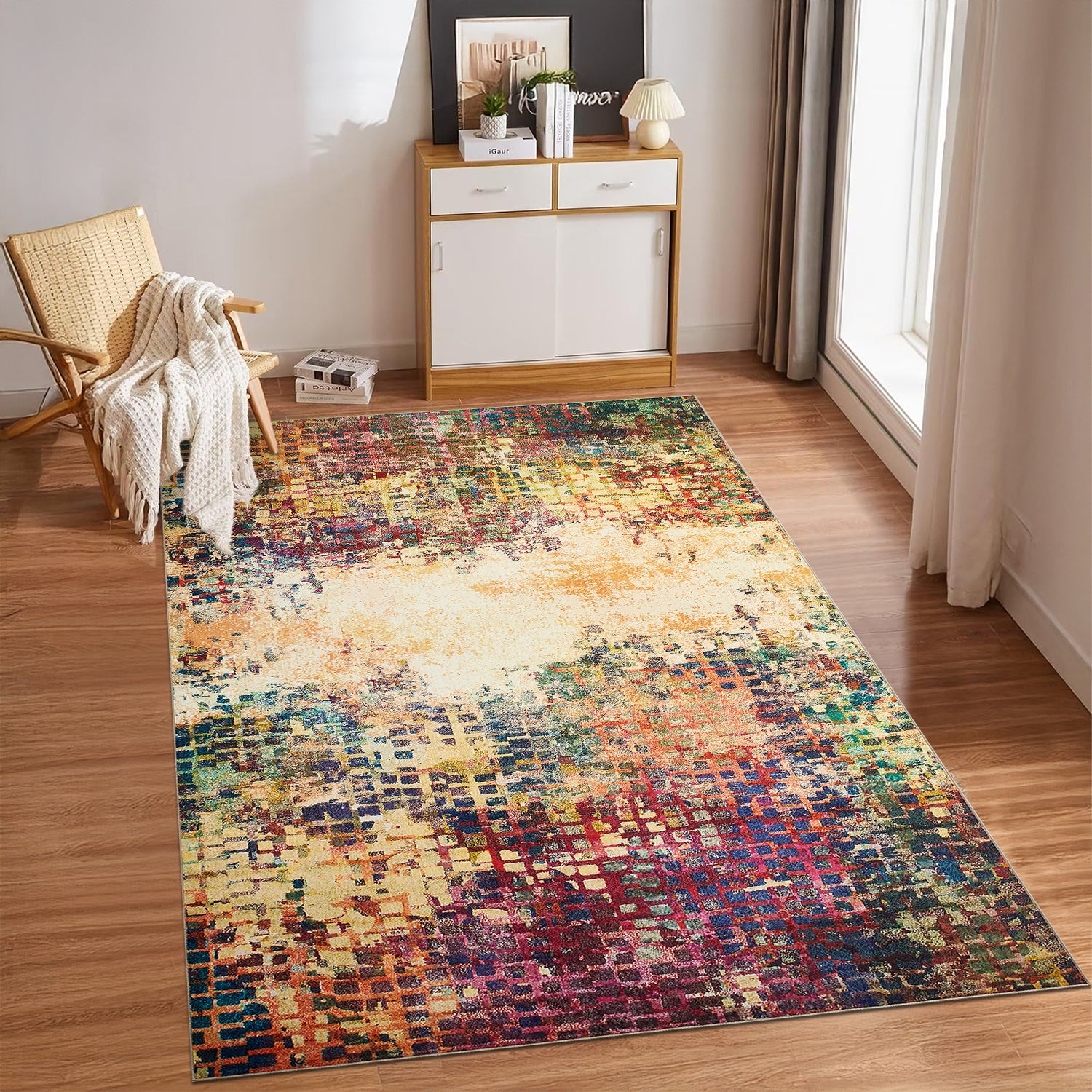 Multicolour Abstract Pixel Mosaic Washable Rug - Modern Fade Design Carpet
