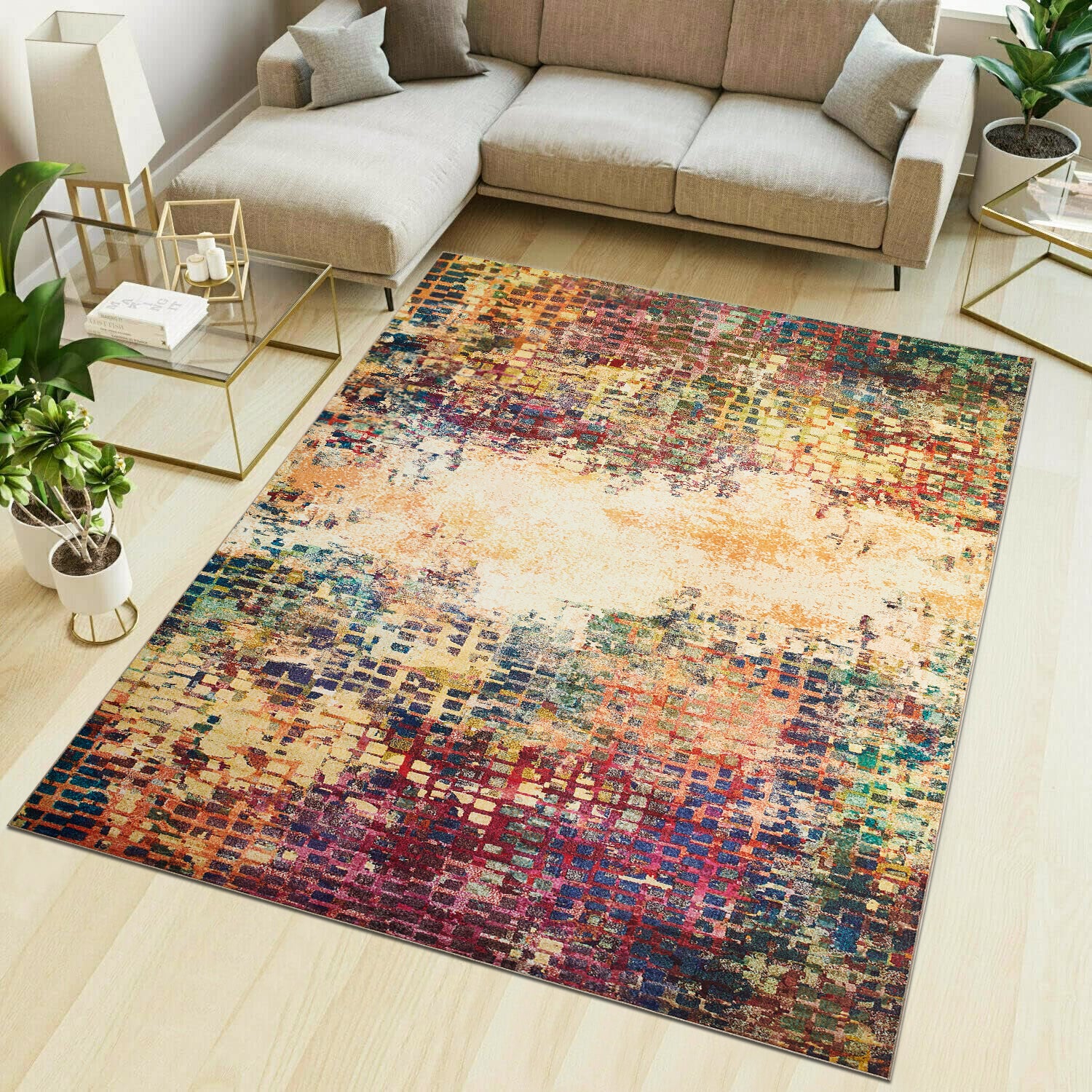 Multicolour Abstract Pixel Mosaic Washable Rug - Modern Fade Design Carpet
