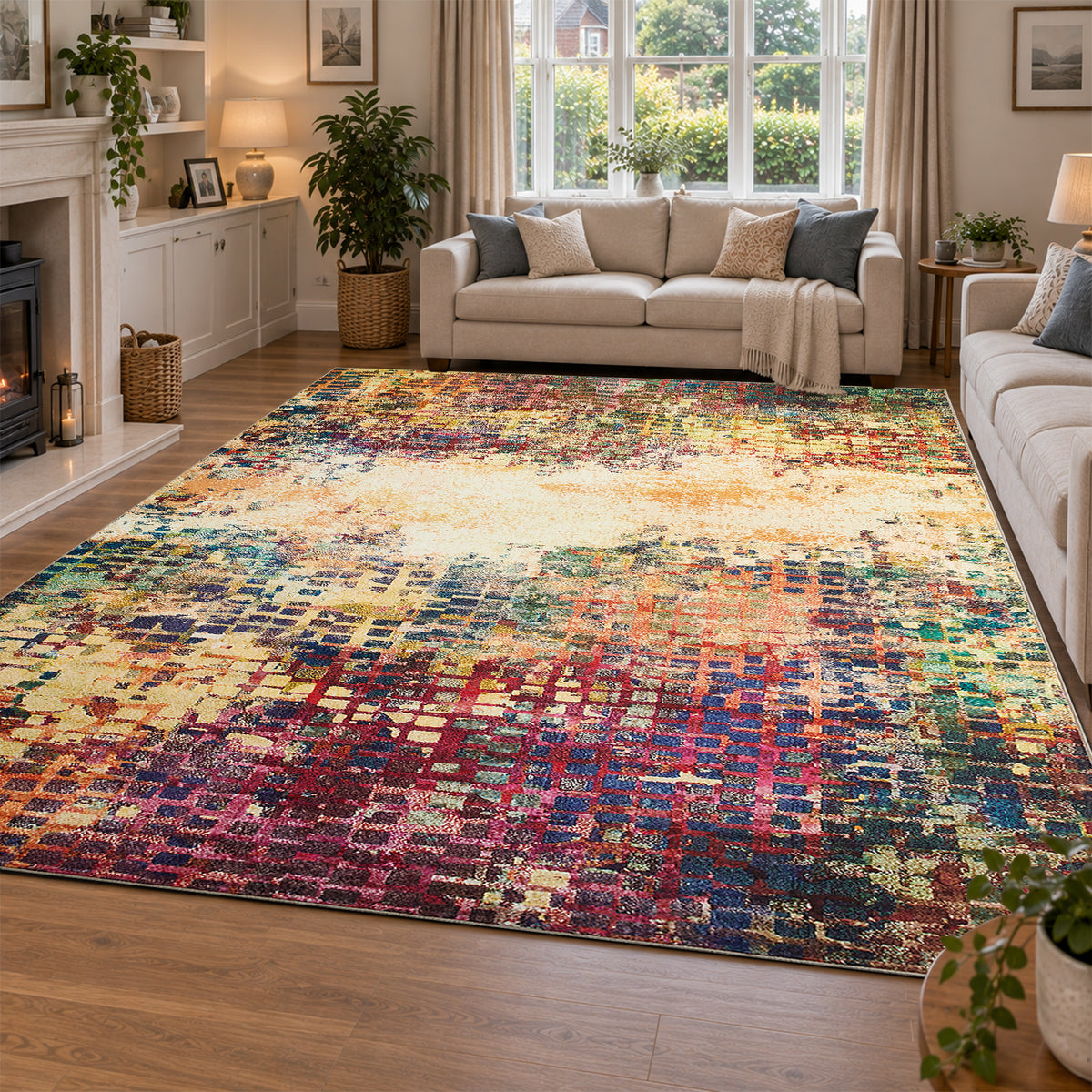 Multicolour Abstract Pixel Mosaic Washable Rug - Modern Fade Design Carpet