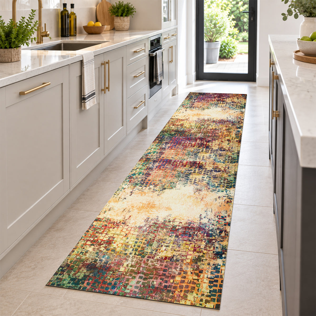 Multicolour Abstract Pixel Mosaic Washable Rug - Modern Fade Design Carpet