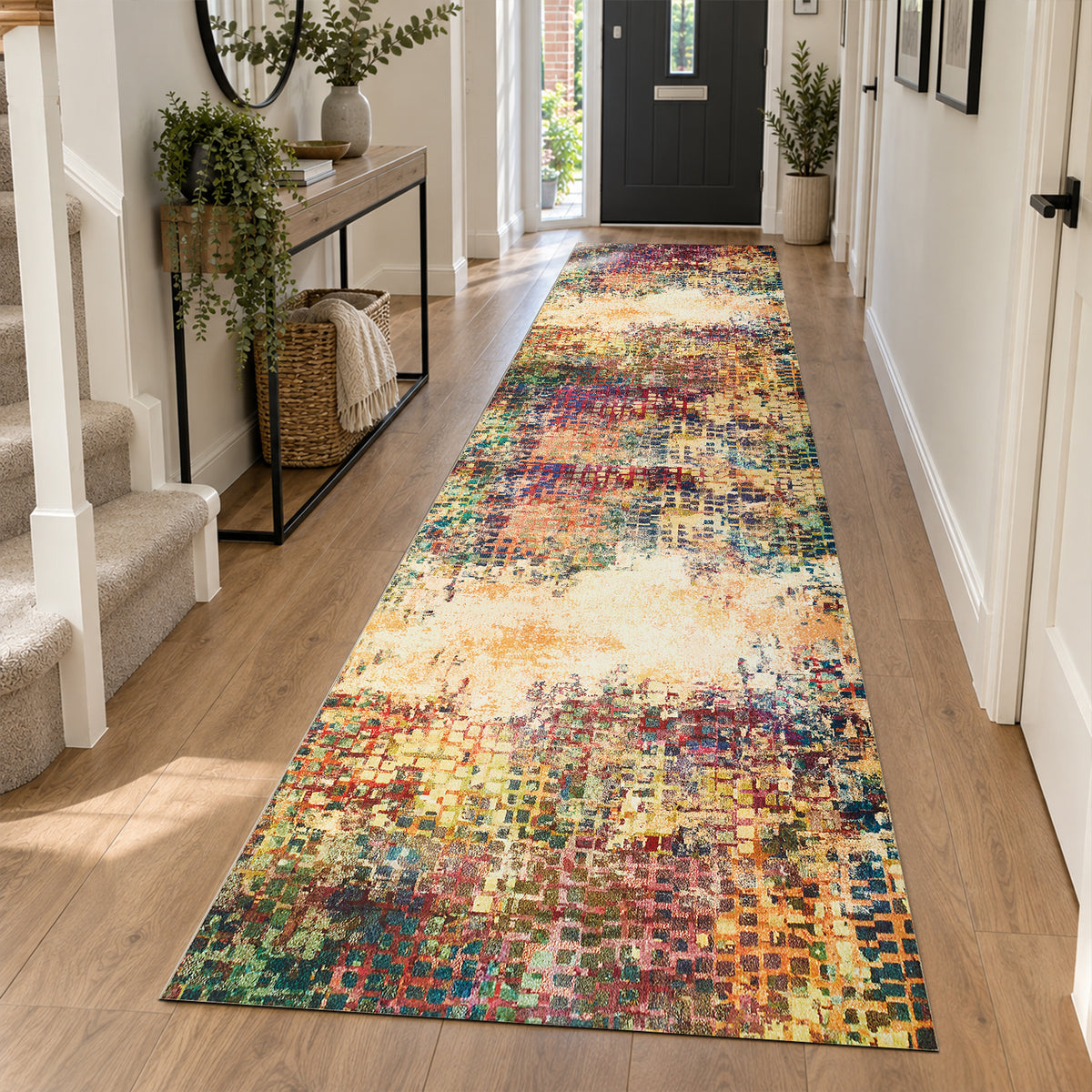 Multicolour Abstract Pixel Mosaic Washable Rug - Modern Fade Design Carpet