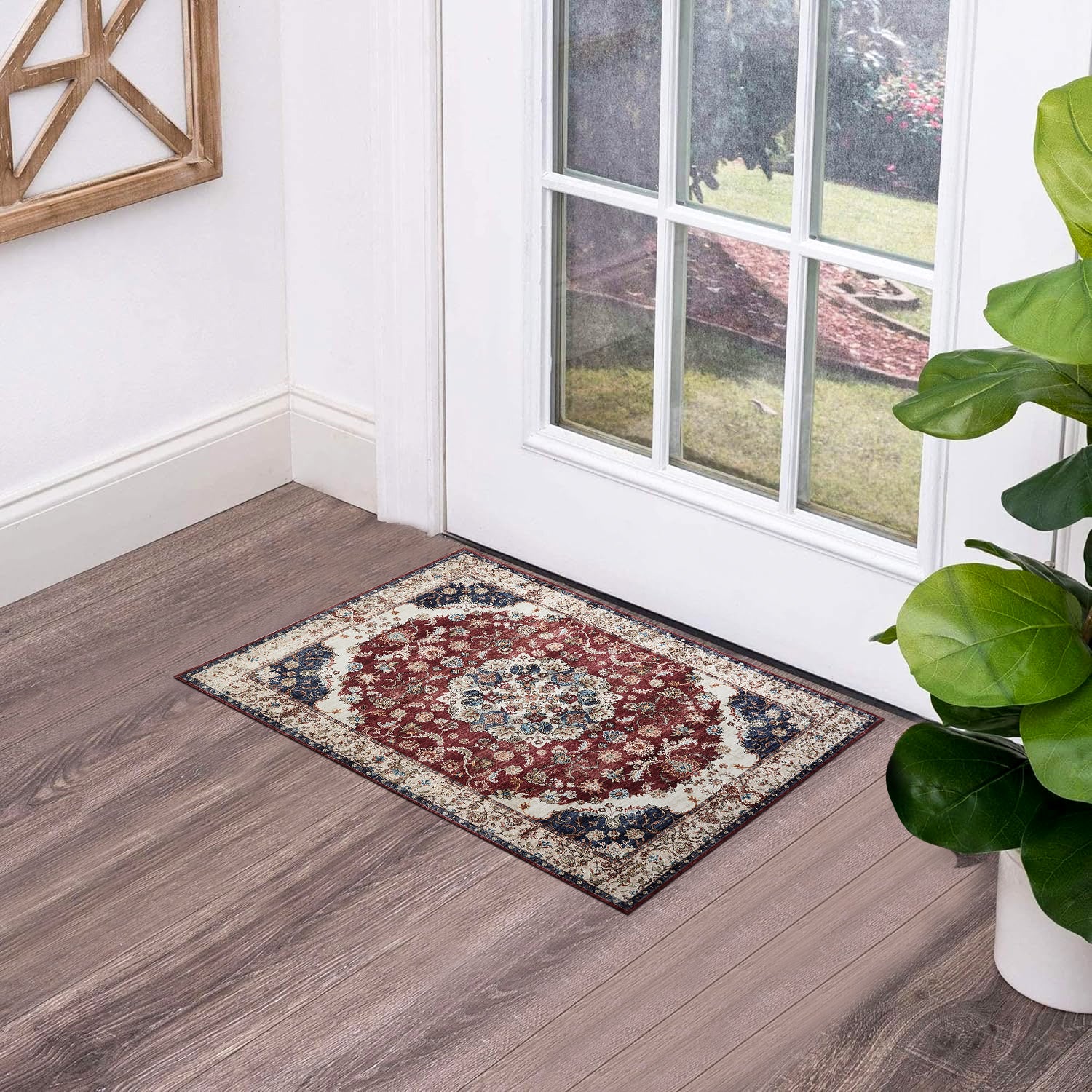 Burgundy & Beige Persian Floral Medallion Washable Rug - Classic Kashan/Tabriz Carpet
