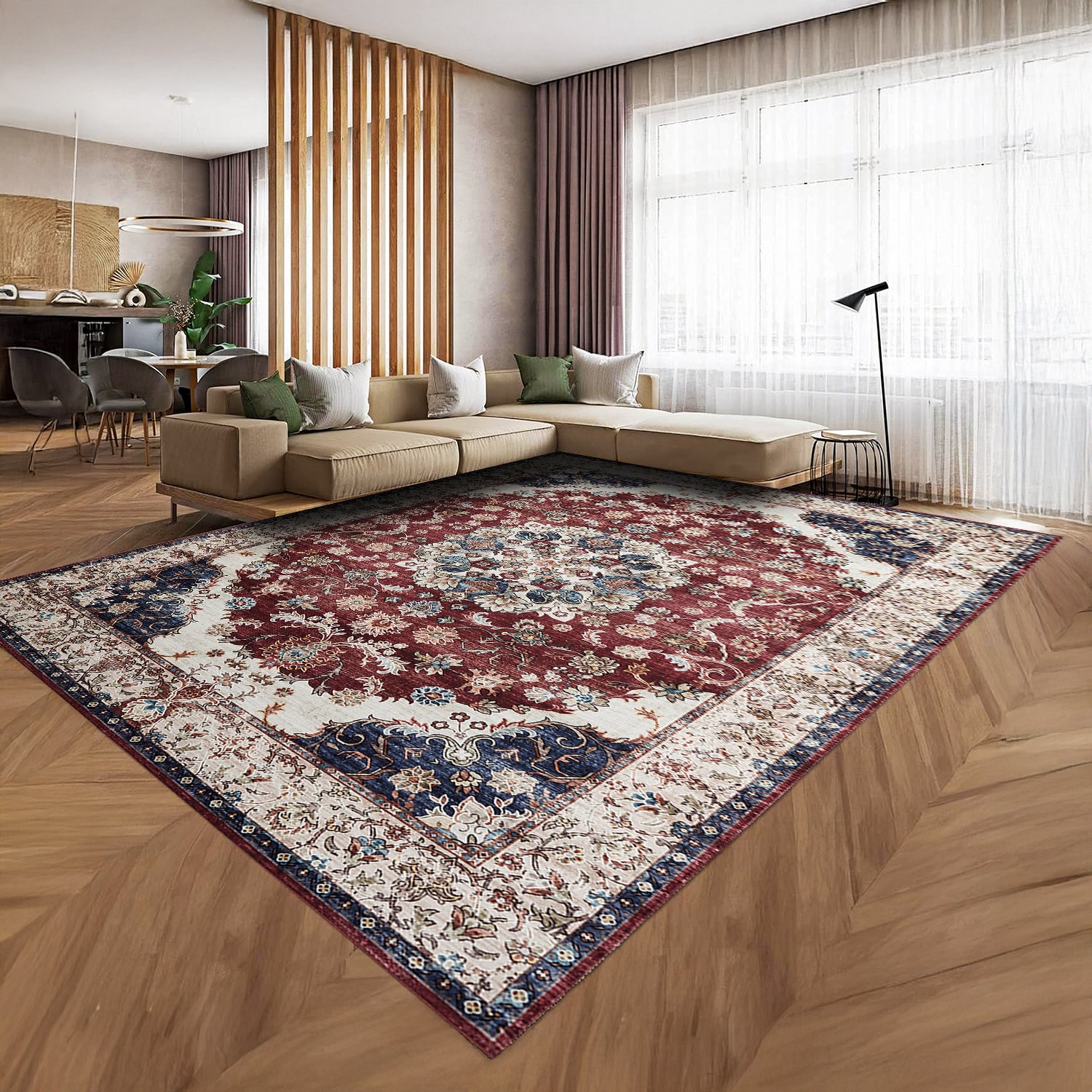 Burgundy & Beige Persian Floral Medallion Washable Rug