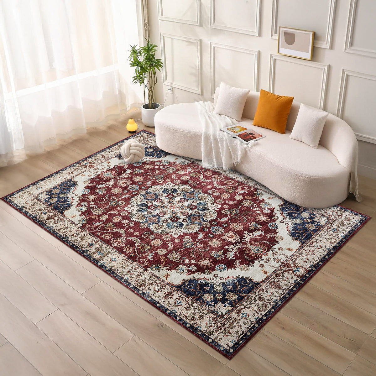 Burgundy & Beige Persian Floral Medallion Washable Rug - Classic Kashan/Tabriz Carpet