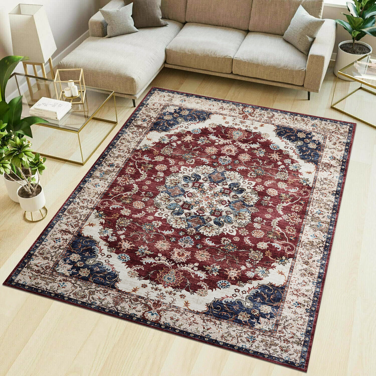 Burgundy & Beige Persian Floral Medallion Washable Rug - Classic Kashan/Tabriz Carpet