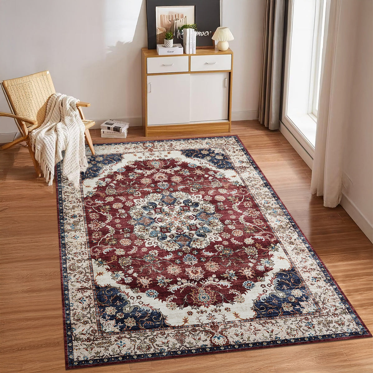 Burgundy & Beige Persian Floral Medallion Washable Rug - Classic Kashan/Tabriz Carpet