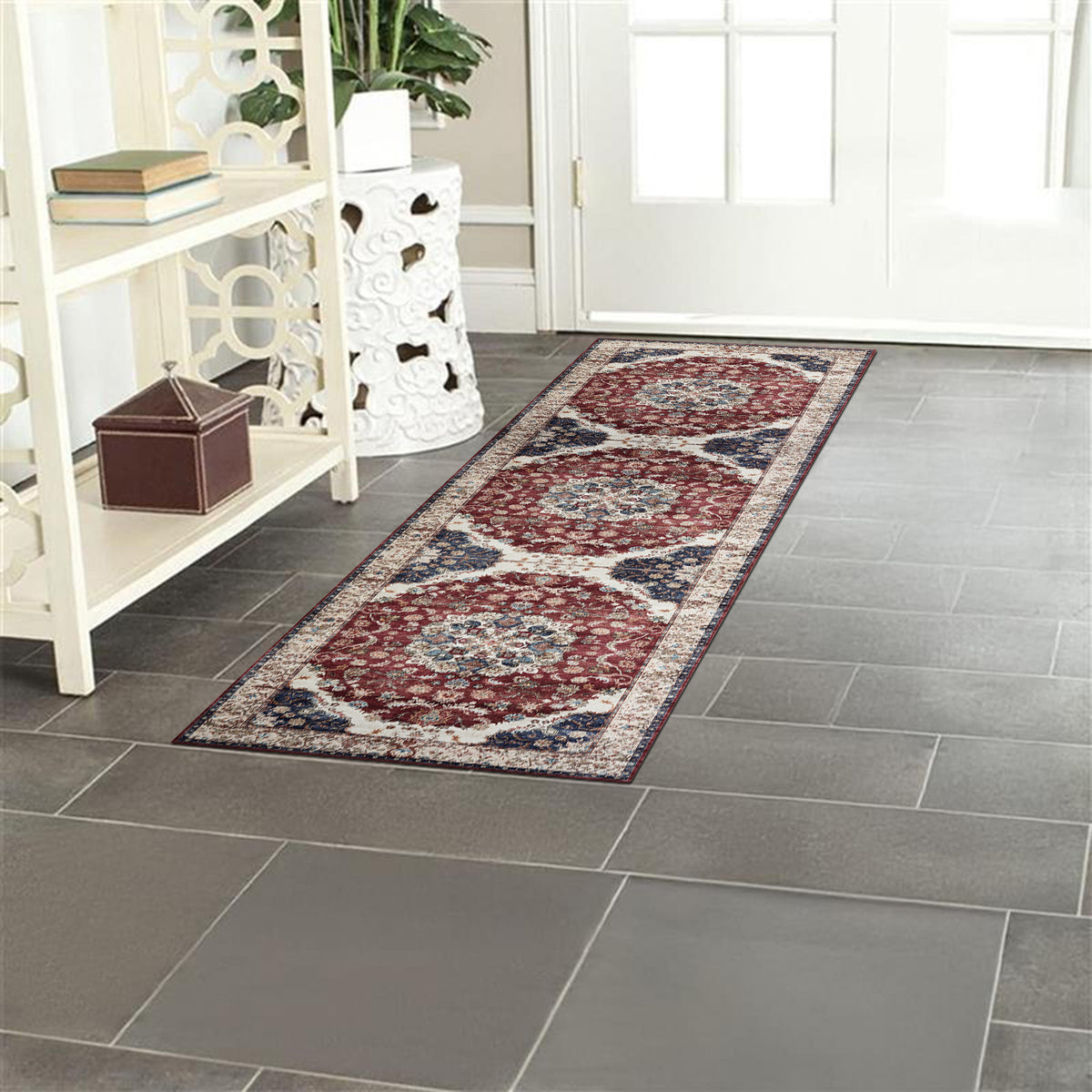 Burgundy & Beige Persian Floral Medallion Washable Rug - Classic Kashan/Tabriz Carpet