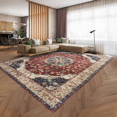 Burgundy & Beige Persian Floral Medallion Washable Rug - Classic Kashan/Tabriz Carpet