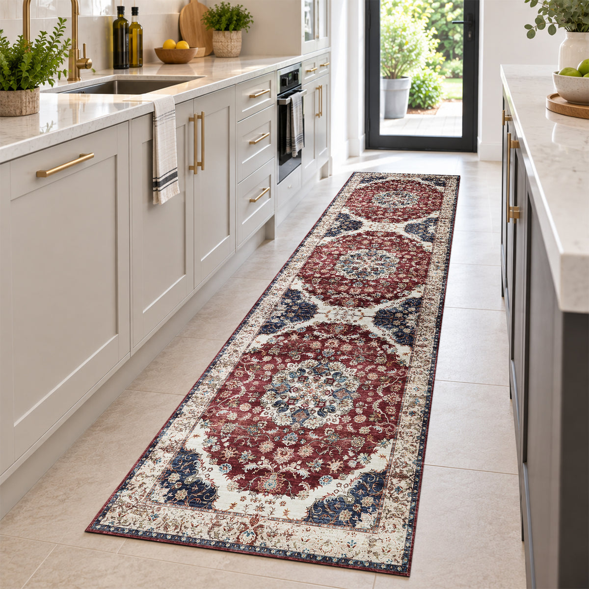 Burgundy & Beige Persian Floral Medallion Washable Rug - Classic Kashan/Tabriz Carpet