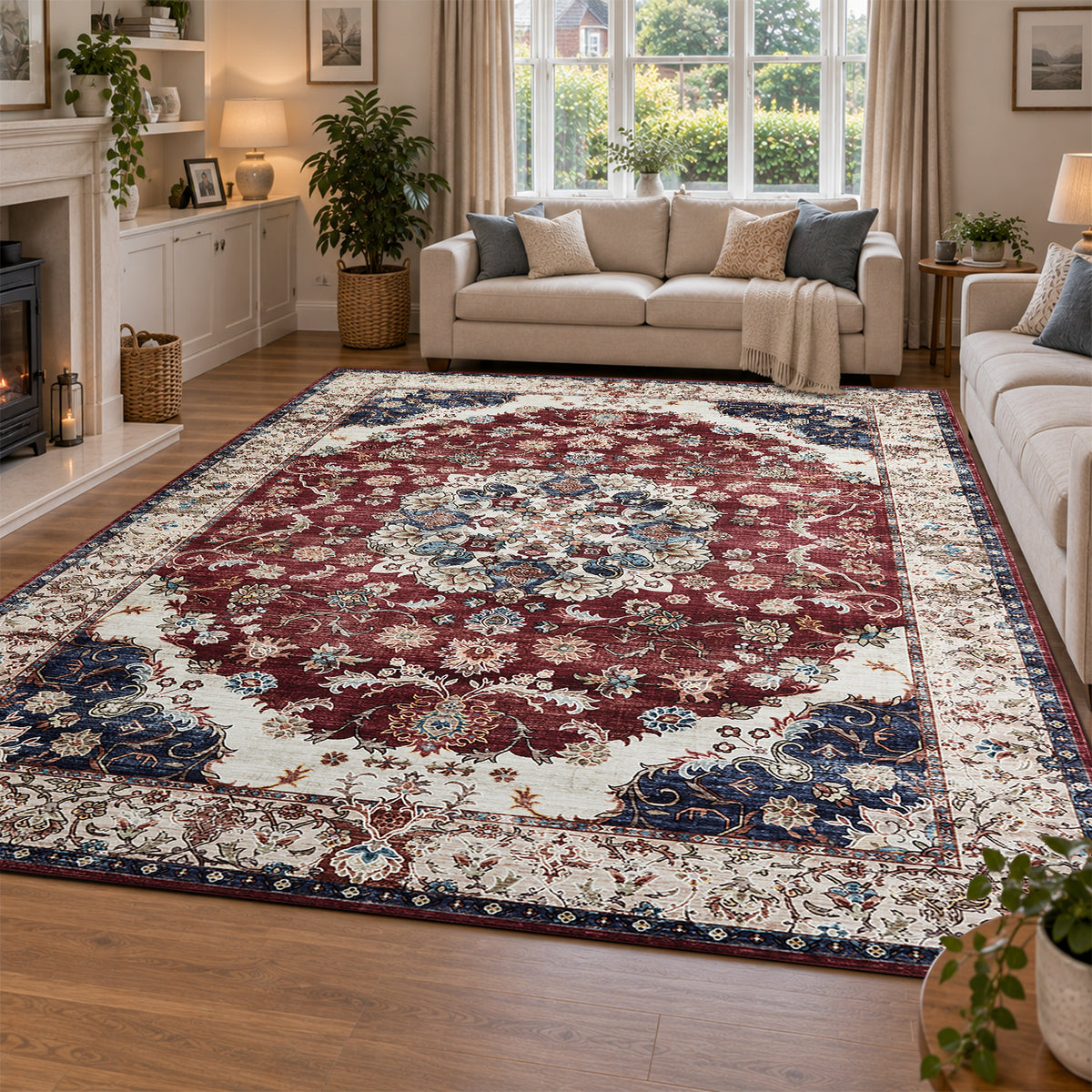Burgundy & Beige Persian Floral Medallion Washable Rug - Classic Kashan/Tabriz Carpet