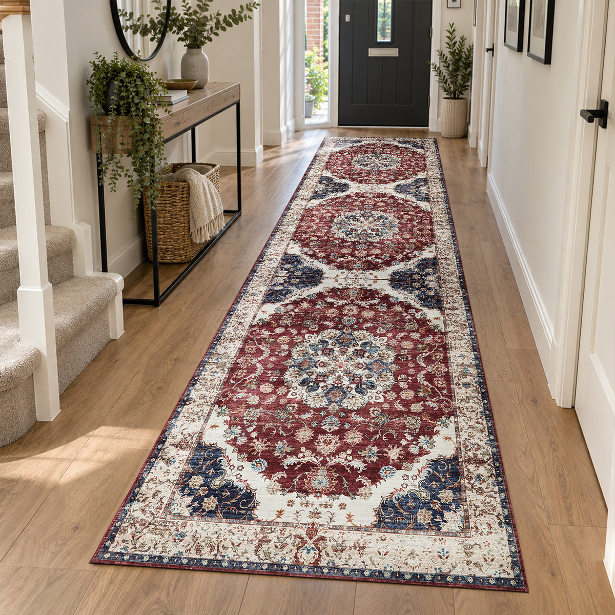 Burgundy & Beige Persian Floral Medallion Washable Rug - Classic Kashan/Tabriz Carpet