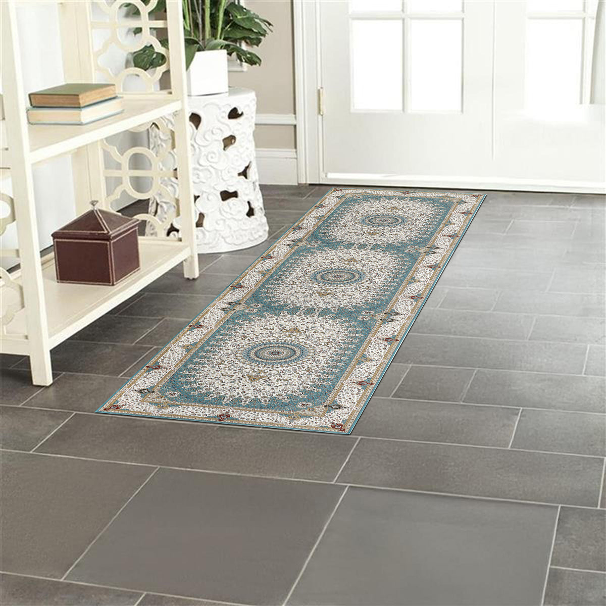 Teal & Cream Persian Medallion Washable Rug - Traditional Floral Area Carpet