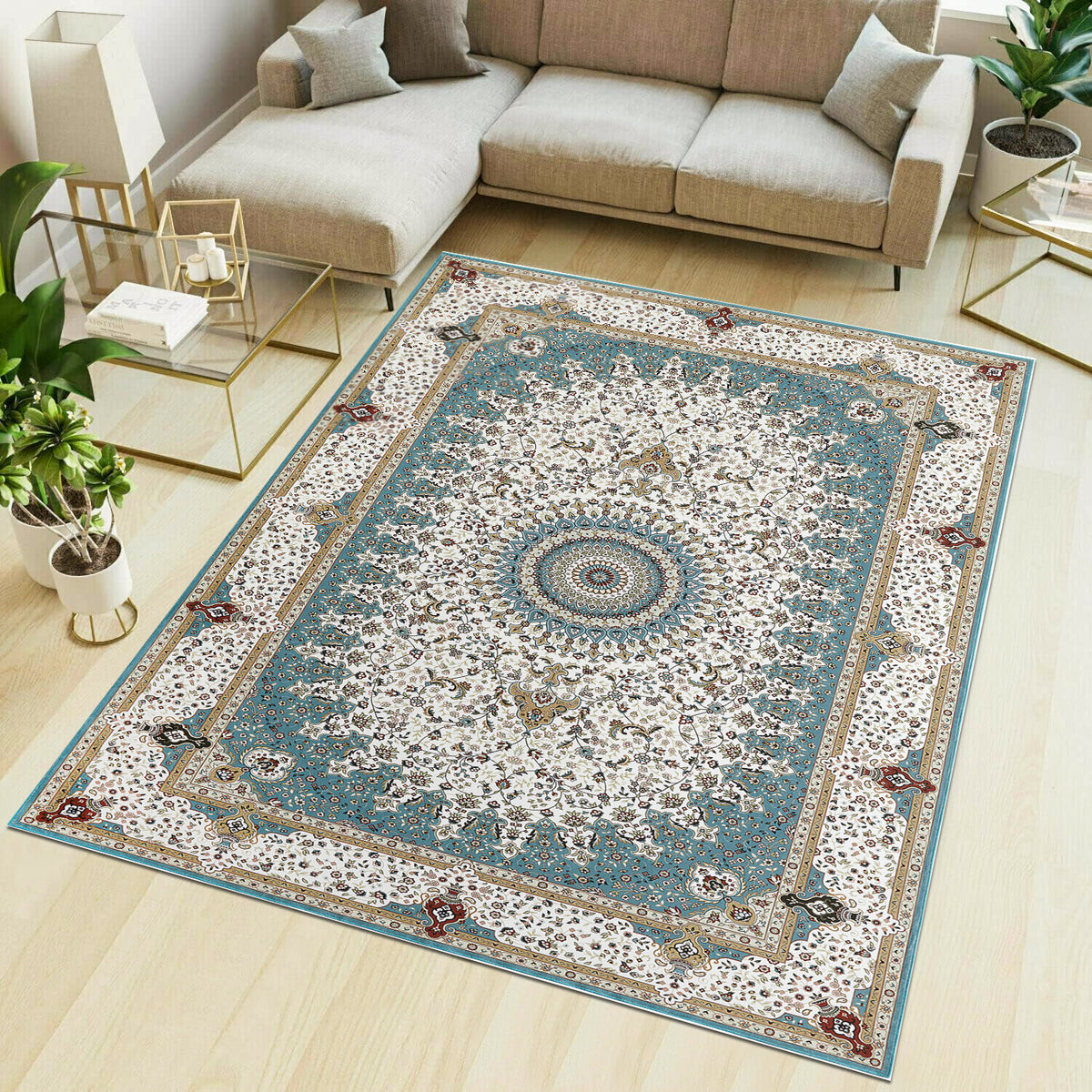 Teal & Cream Persian Medallion Washable Rug - Traditional Floral Area Carpet