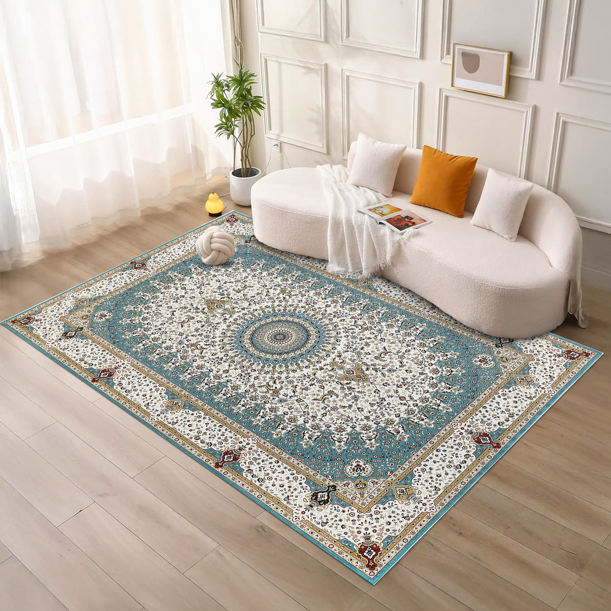 Teal & Cream Persian Medallion Washable Rug - Traditional Floral Area Carpet