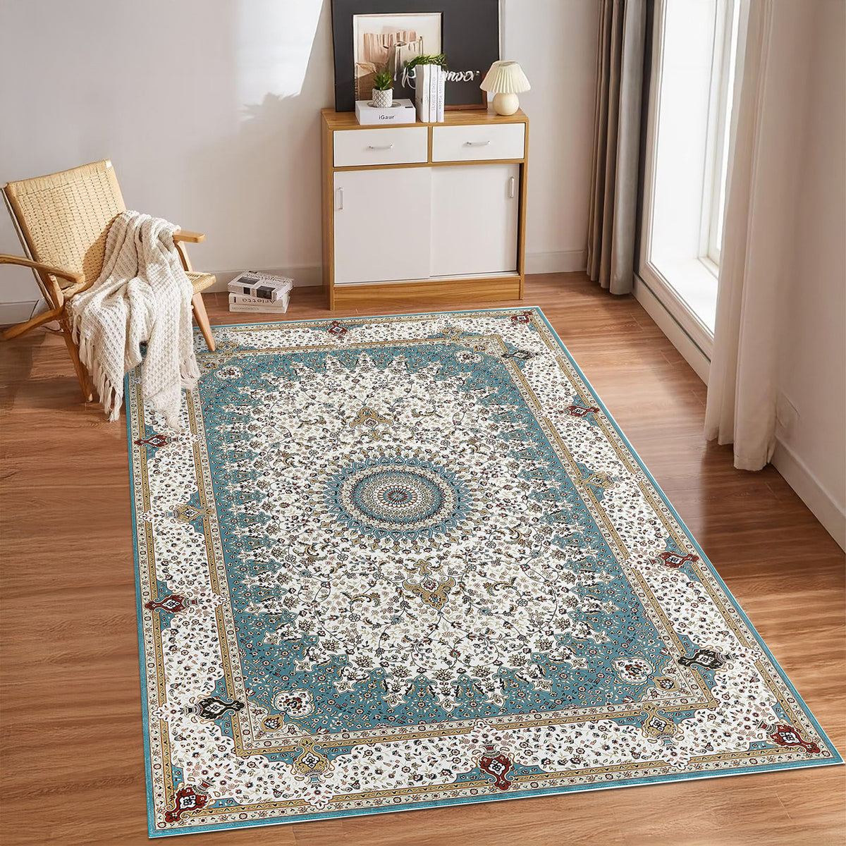 Teal & Cream Persian Medallion Washable Rug - Traditional Floral Area Carpet