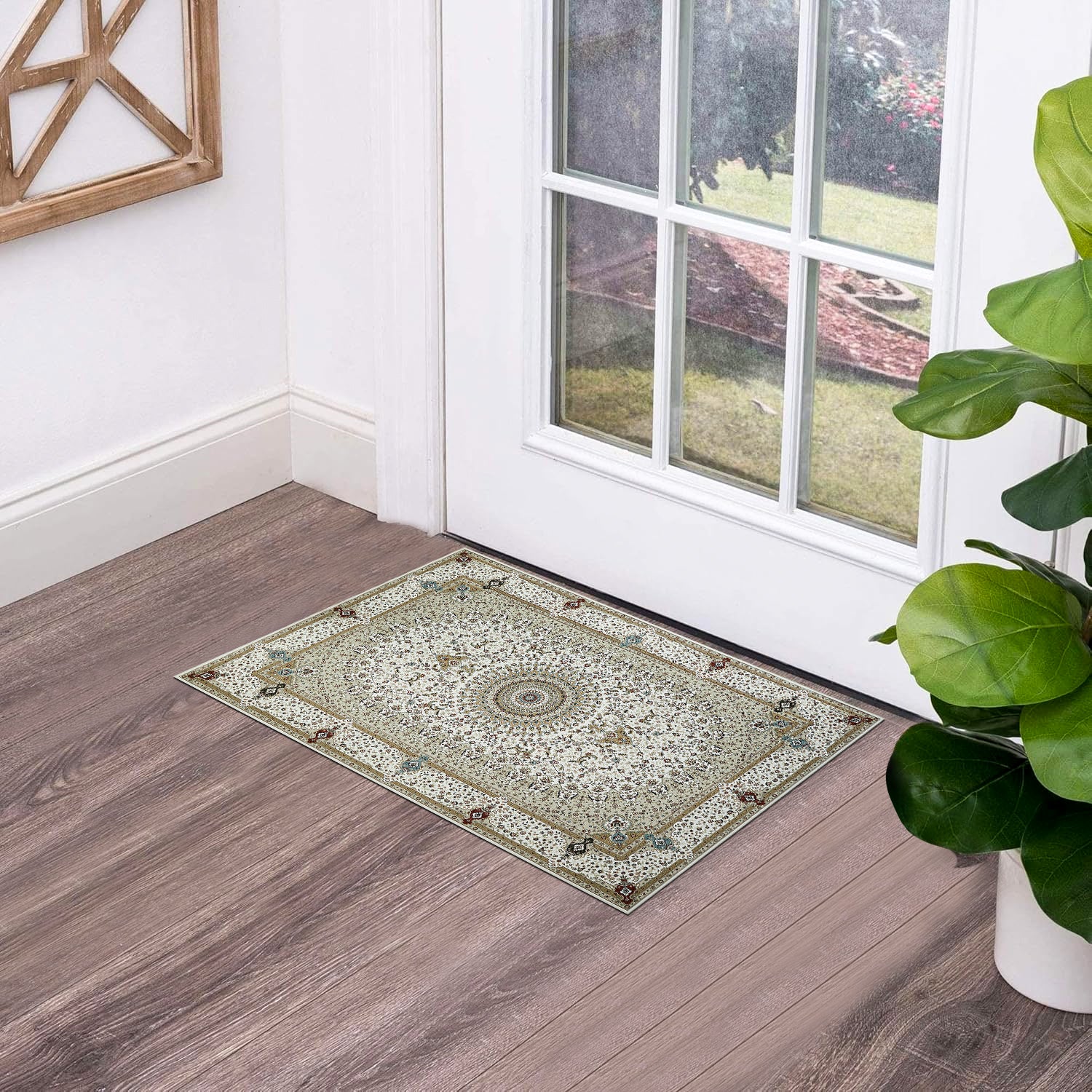 Beige & Cream Persian Medallion Washable Rug - Classic Oriental Carpet