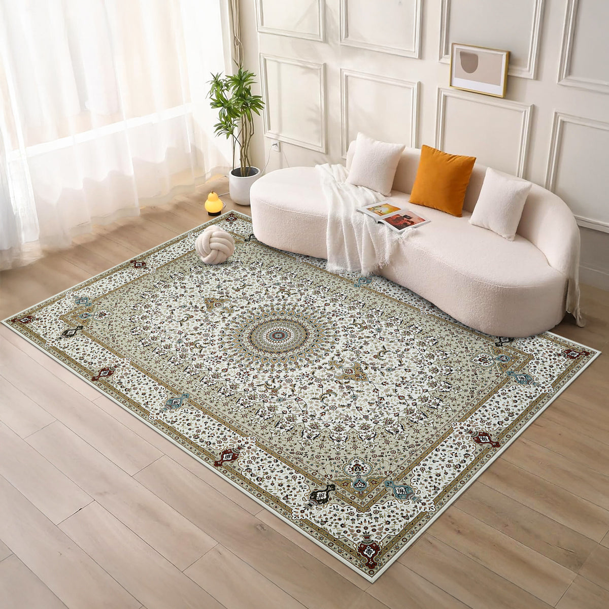 Beige & Cream Persian Medallion Washable Rug - Classic Oriental Carpet