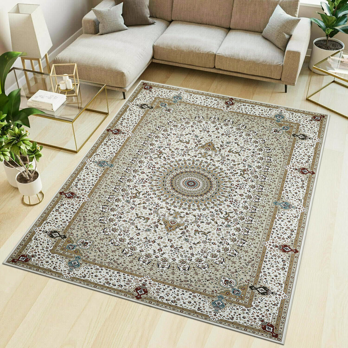 Beige & Cream Persian Medallion Washable Rug - Classic Oriental Carpet