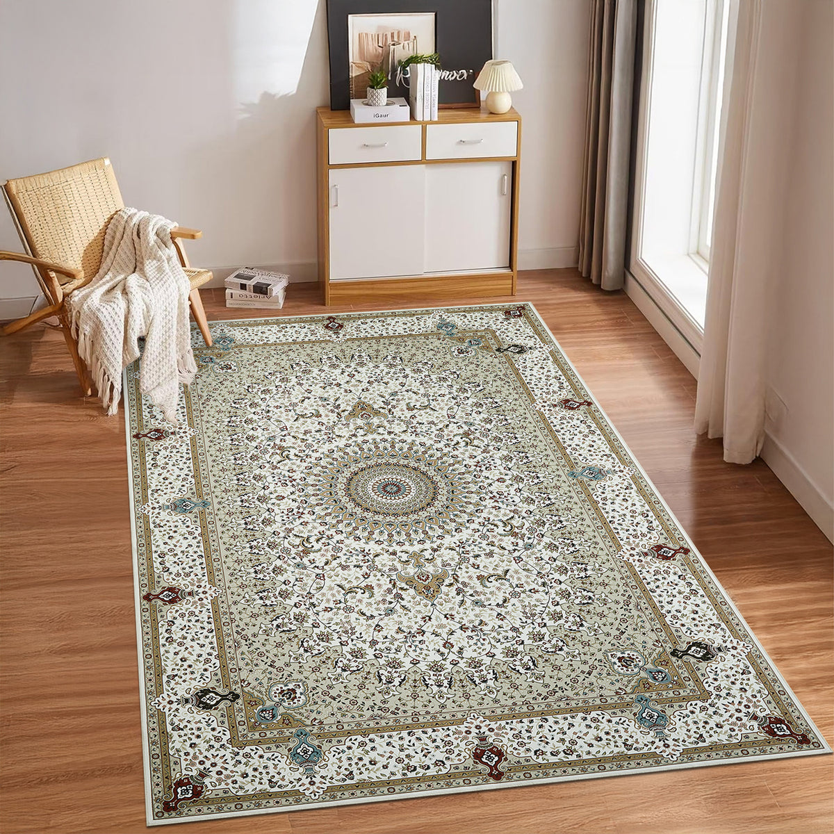 Beige & Cream Persian Medallion Washable Rug - Classic Oriental Carpet