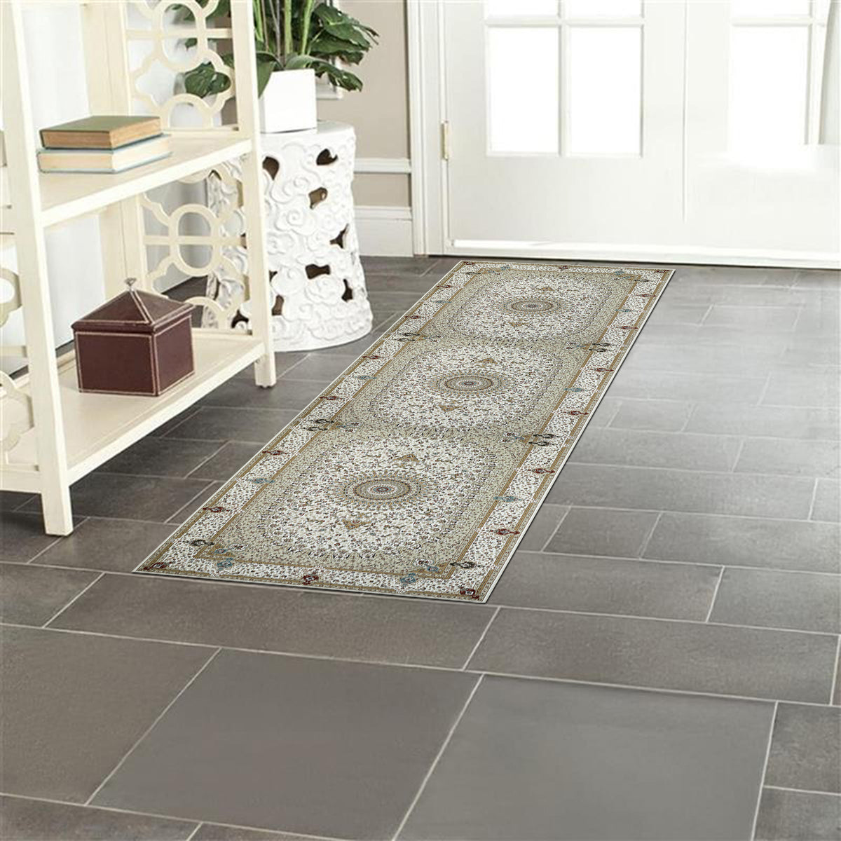Beige & Cream Persian Medallion Washable Rug - Classic Oriental Carpet