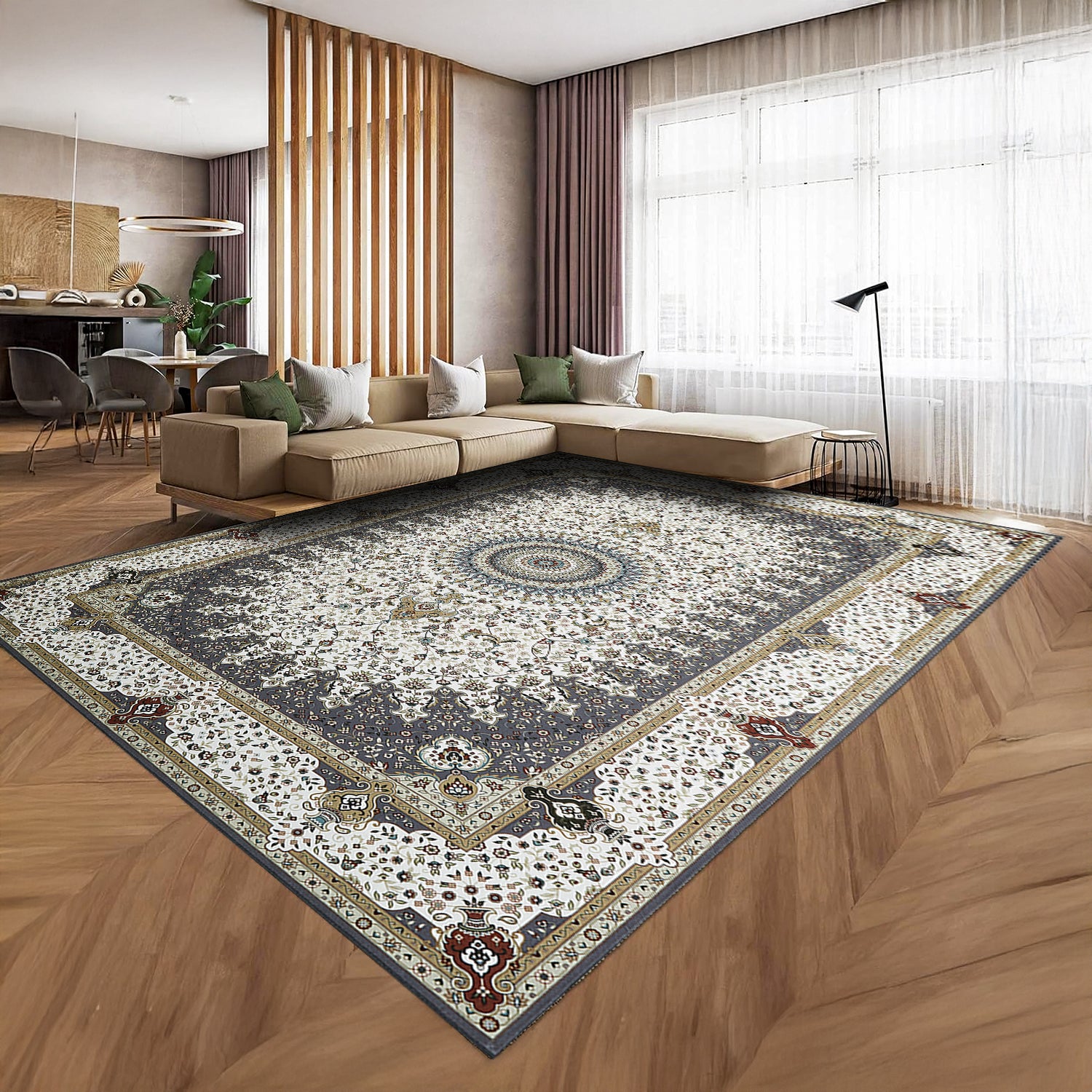 Grey & Cream Persian Rosette Medallion Washable Rug - Traditional Isfahan Carpet
