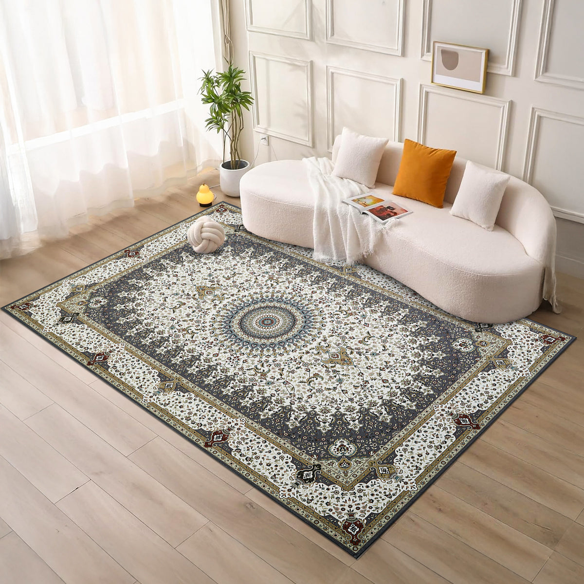 Grey & Cream Persian Rosette Medallion Washable Rug - Traditional Isfahan Carpet