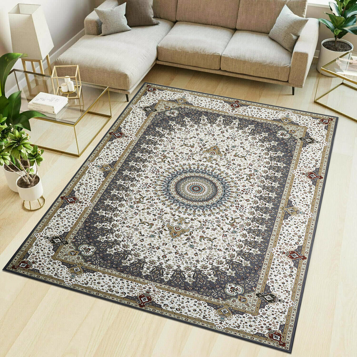 Grey & Cream Persian Rosette Medallion Washable Rug - Traditional Isfahan Carpet