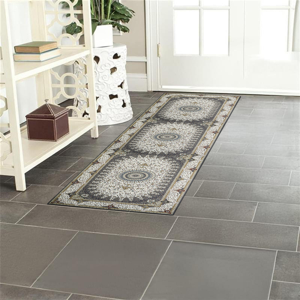 Grey & Cream Persian Rosette Medallion Washable Rug - Traditional Isfahan Carpet