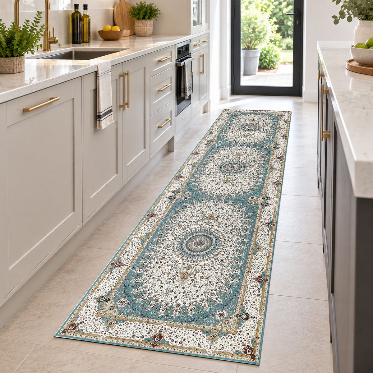 Teal & Cream Persian Medallion Washable Rug - Traditional Floral Area Carpet