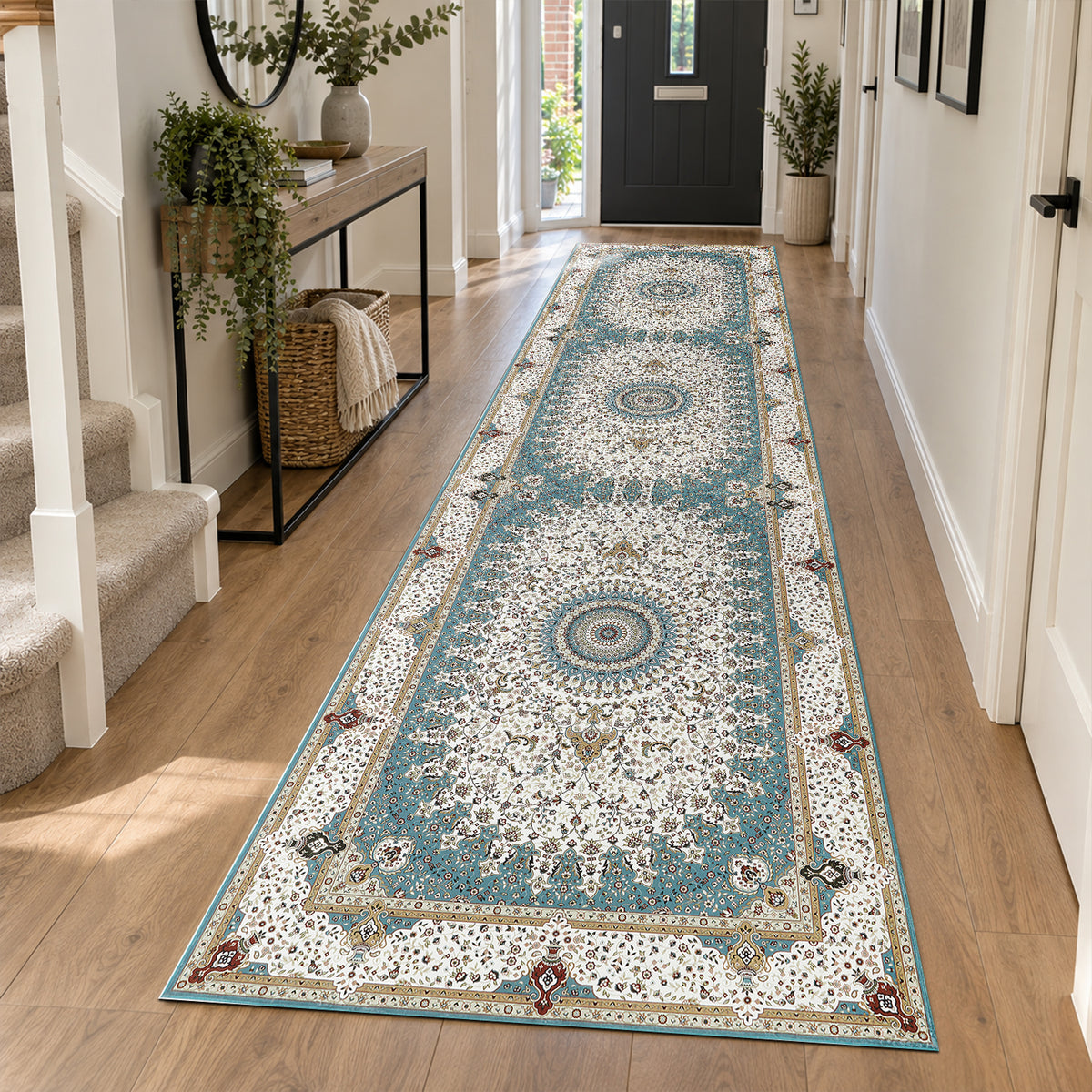 Teal & Cream Persian Medallion Washable Rug - Traditional Floral Area Carpet