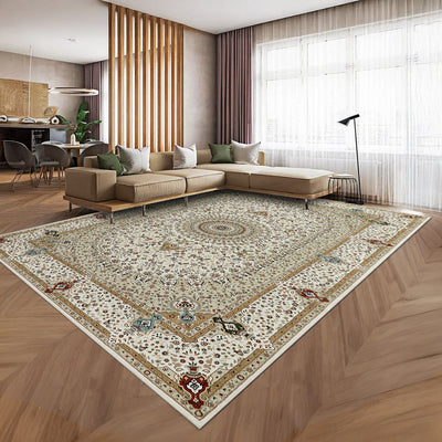 Beige & Cream Persian Medallion Washable Rug - Classic Oriental Carpet